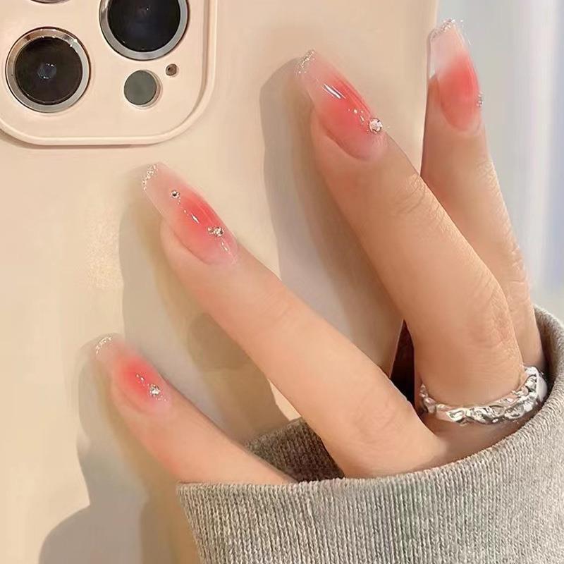 Elegant Nude Manicure: Blush Rhinestone Whitening False Nail Patches