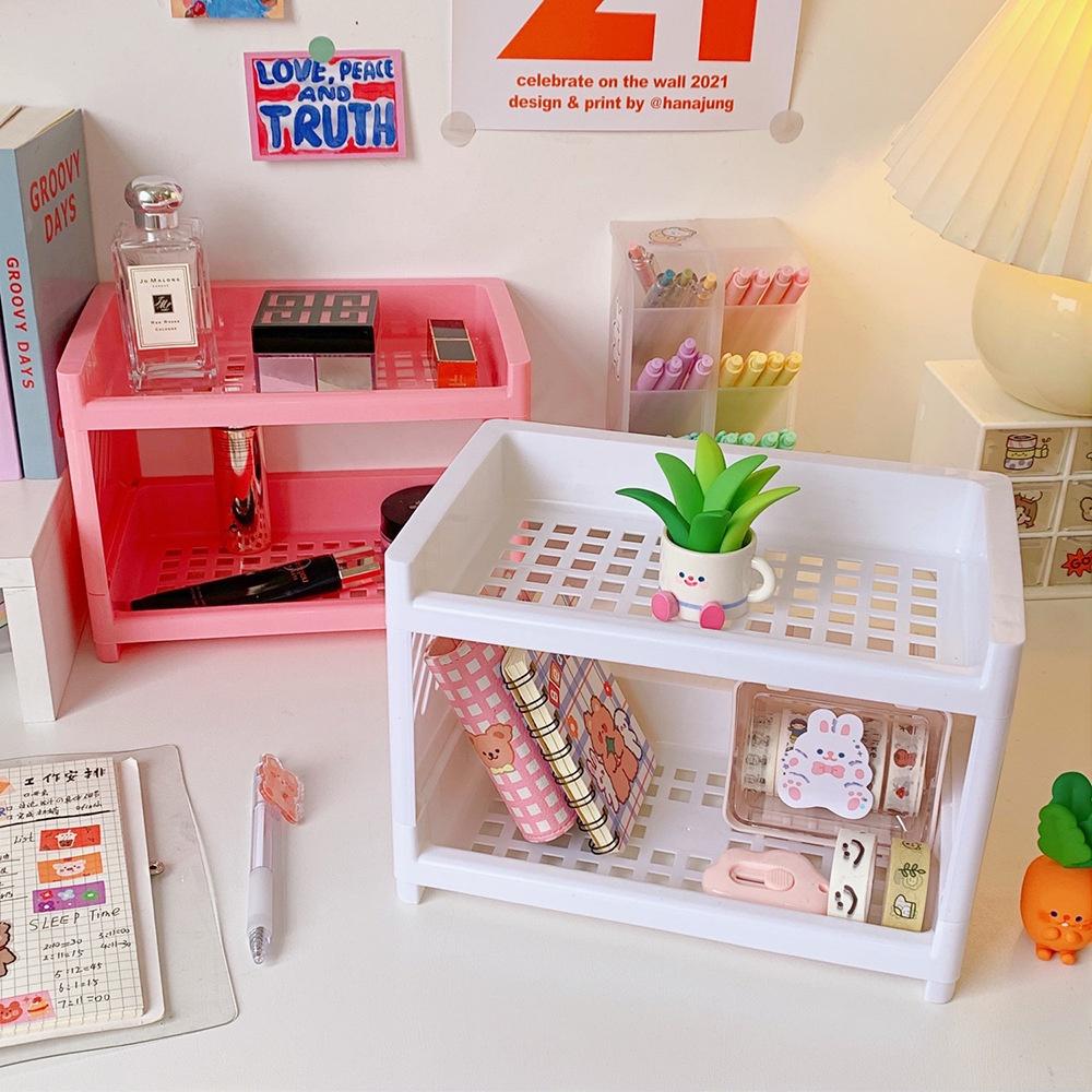 Desk Shelf Double-layer Office Desk Storage Rack Multifunctional Shelves Plastic Desktop Cosmetic Organizer Rack Storage Shelf