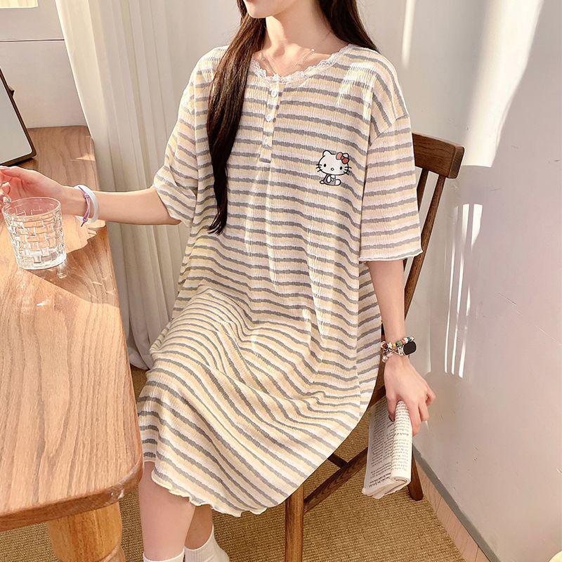 Women's Striped Short-Sleeve Loose Midi Dress – Fresh Summer Style, Versatile for Outdoors or as Pajamas, Ideal for Students