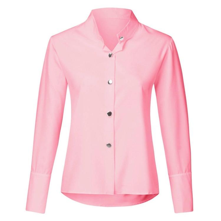 Women's Fashion Solid Color Band Collar Slim Loose Long Sleeve Shirts Tops
