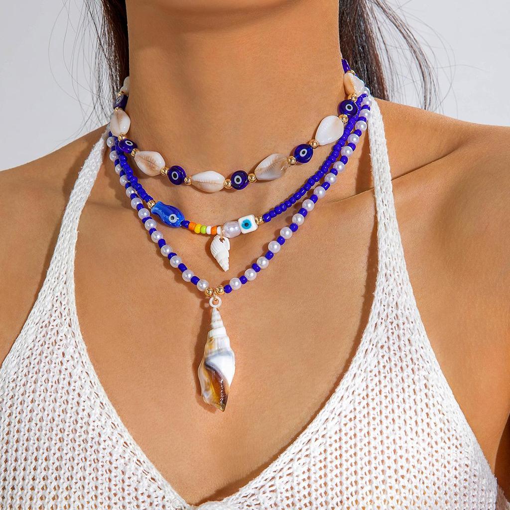 3pcs Seaside Vacation Ocean Elements Ceramic Fish Conch Pendant Necklace Women's Jewelry Set Summer Fresh Necklace