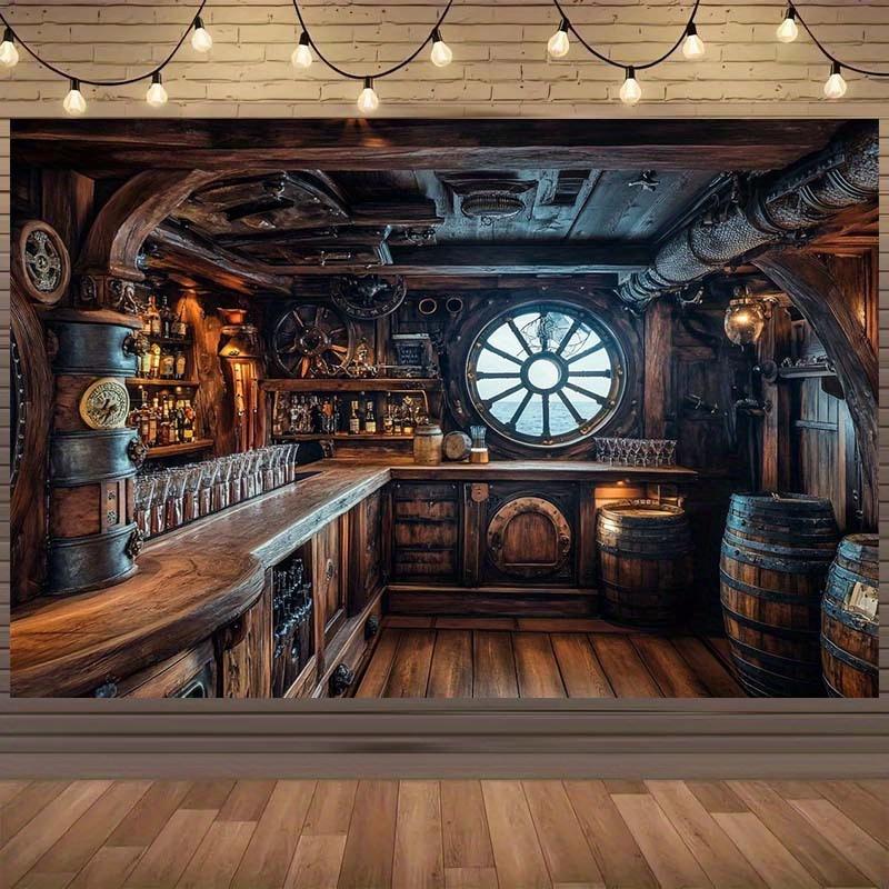 2D Banner Retro Pirate Ship-themed Background Cloth with Wooden Barrel and Nautical Wheel Designs, Event Decoration