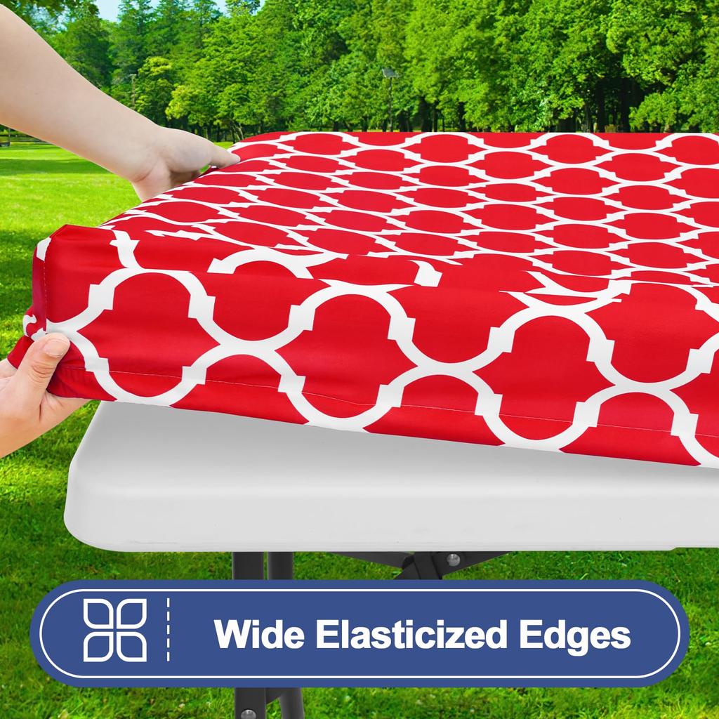 Waterproof Table Cover Rectangle | Elastic Fitted Tablecloths 6 Foot | Outdoor Table Cloth Polyester