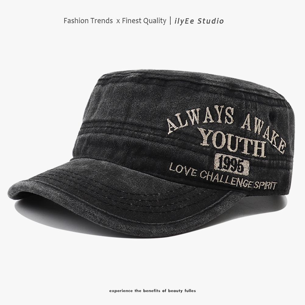 Spring/Summer Washed Cotton Curved Brim Baseball Cap with Letter Embroidery - Unisex Flat-Top Military Style
