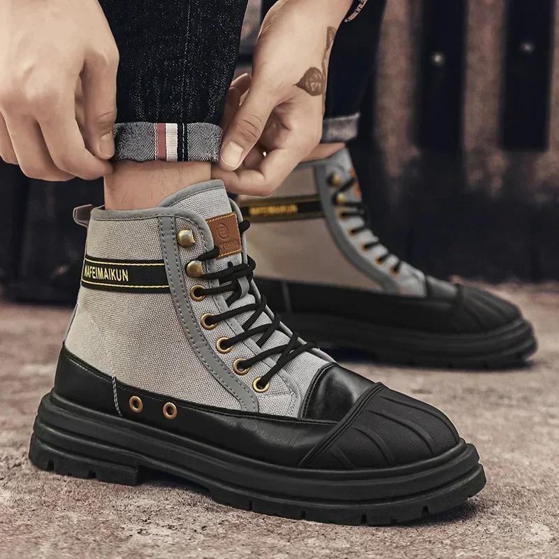 Men's Canvas Shoes Fashion Work Boots High Top Desert Boots Wear-resistant Men Boots Autumn Mens Platform Casual Shoes New Botas