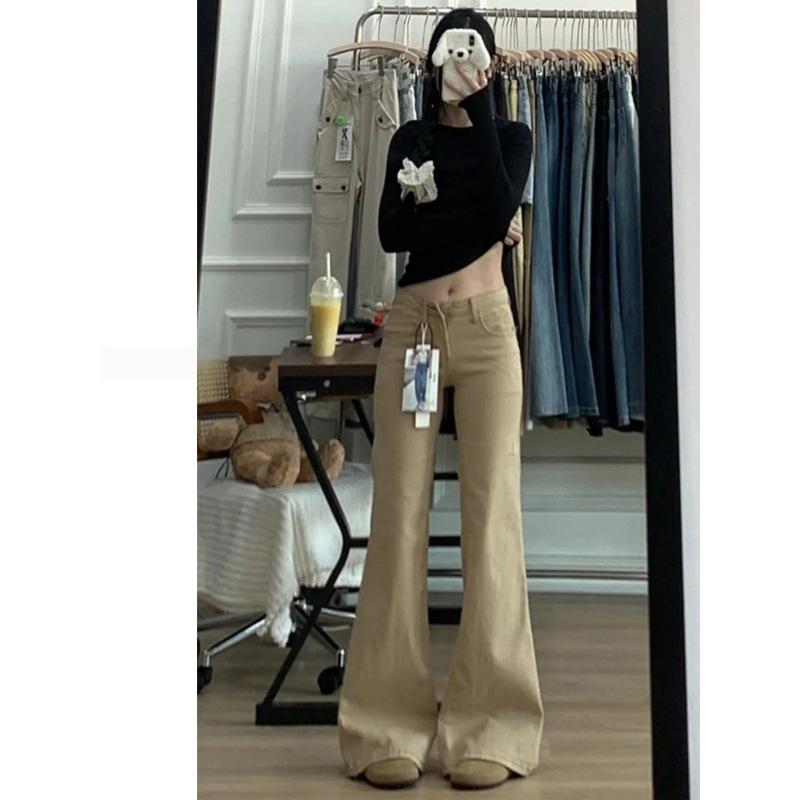 Khaki Plush Micro-Flare Low-Waist Jeans for Women, 2025 Autumn/Winter - Slimming Fit for Slightly Overweight Women