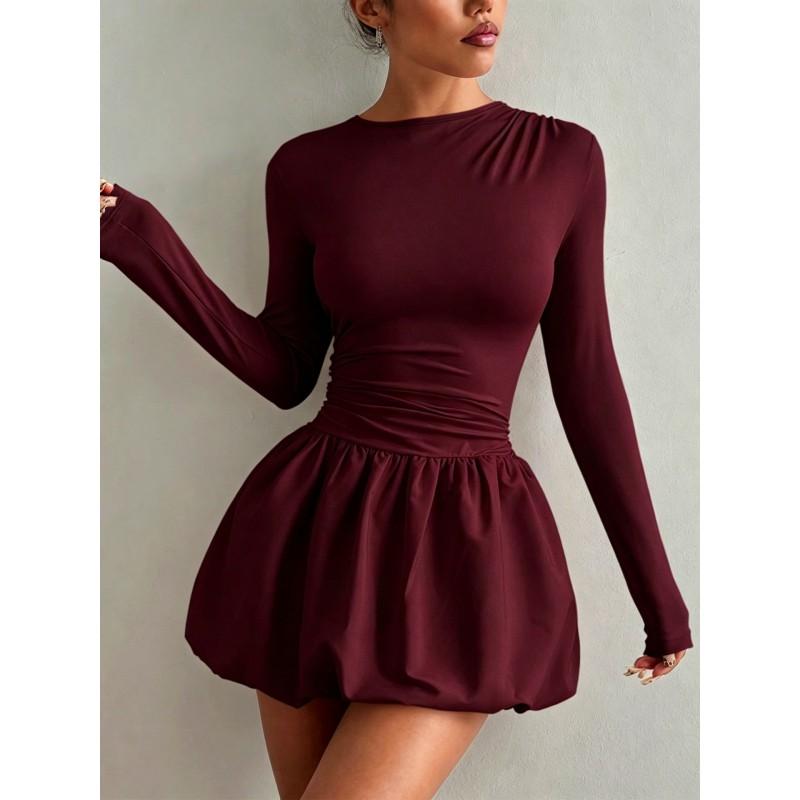 2026 Womens Slim Fit Long Sleeve Midi Dress With Elastic Puff Skirt Round Neck Stretch Milk Silk Fabric