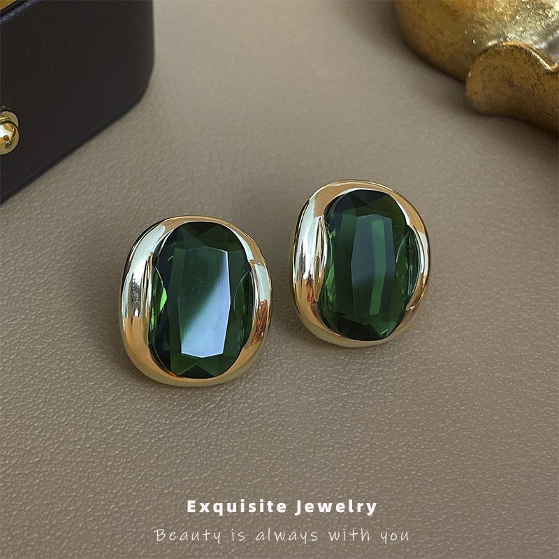 Emerald zircon oval silver needle stud earrings real gold electroplating temperament earrings