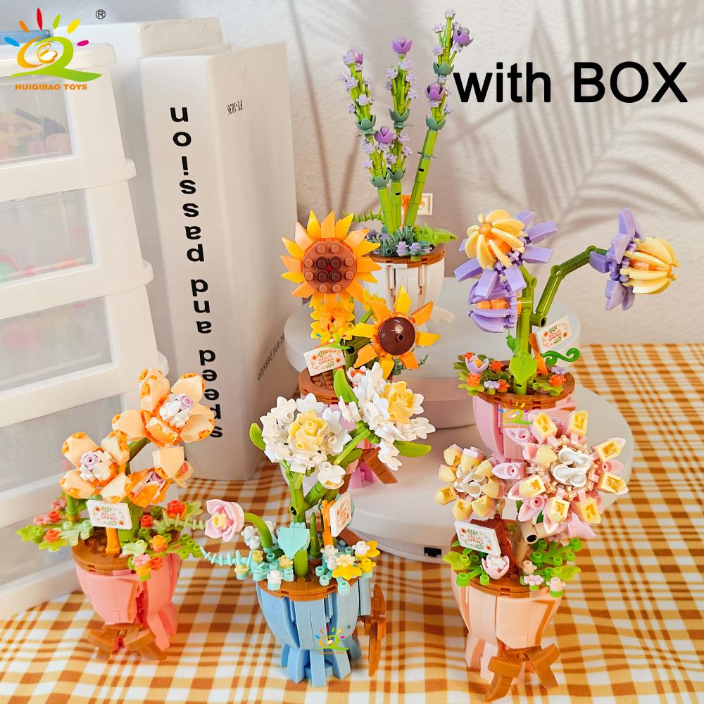HUIQIBAO MOC Flower Model Micro Building Block DIY Eternal Bouquet Home Desk Desk Plant Decoration Brick Girl Gift Children Toy