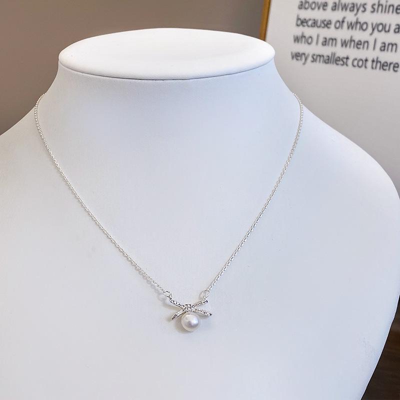 French Silver Pearl  Diamond Bow Pendant Necklace - Elegant Women s Clavicle Chain