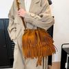 Korean Style Suede Handbag PU Leather Drawstring Bucket Bag Fashion Tassel Shoulder Bag  Women