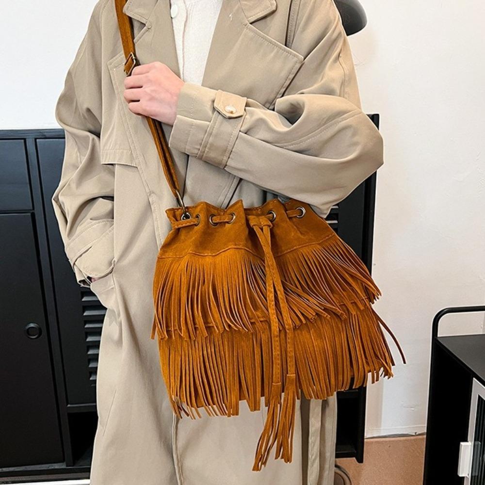 Korean Style Suede Handbag PU Leather Drawstring Bucket Bag Fashion Tassel Shoulder Bag  Women
