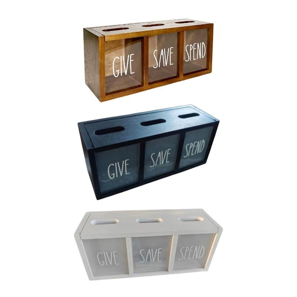 3 Compartments Wooden Money Saving Box Clearly Visualized Saving Money Jar Children