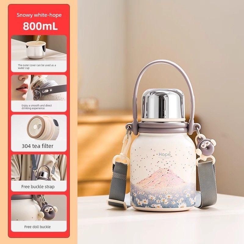 

German Imported Large-Capacity Thermos Water Bottle, High-Quality Stainless Steel Tea Brewing Cup for Girls, Stylish and High-End Student Water Cup 800ml Snow White-Hope