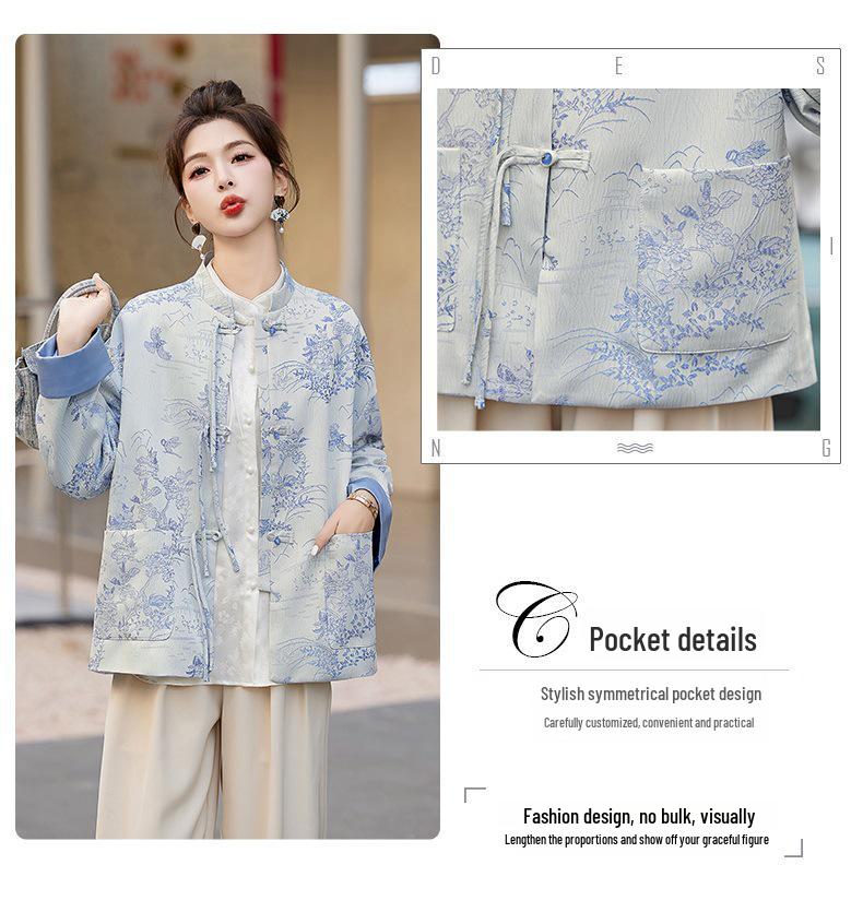 Jachetă elegantă de damă în stil chinezesc: Design High-End, Jacquard Brodat Retro, Guler Înalt cu Nasturi pentru Primăvară și Toamnă