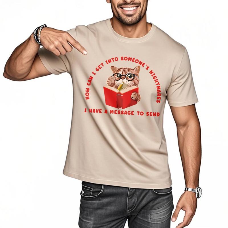Brand Summer For Her Tshirt Cat Reading Book With Glasses And Text Short Sleeve Street Wear Round Neck Tshirt Male Teeshirt