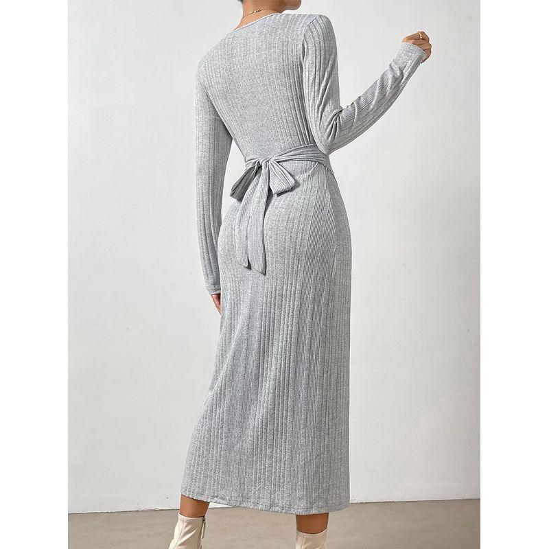 Fashion Wind Knitting Lace-up Long Sleeve Bodycon Dress Elegant Graceful V Neck Dress Lace up Knit Dress