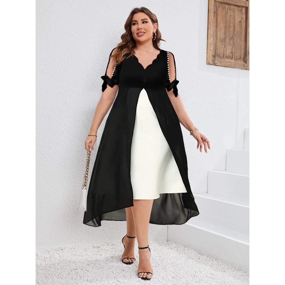 women's Plus Size V Neck Cold Shoulder Bowknot Chiffon Overlay 2-in-1 Irregular Midi Dress
