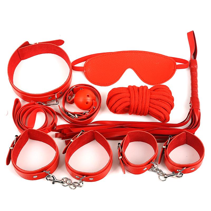 EM41 Leather 7 PCS SM Erotic Toy Set Couple Flirting Bondage Binding Kit Handcuffs Mouth Ball Gag Collar Whip Sex Toys