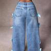 Y2K Streetwear Butterfly Knot Patchwork Washed Denim Jeans Loose Straight Leg Wide Fit Womens Pants
