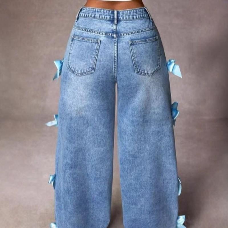 Y2K Streetwear Butterfly Knot Patchwork Washed Denim Jeans Loose Straight Leg Wide Fit Womens Pants