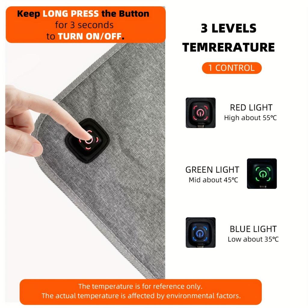 3-Level Adjustable Temperature USB Portable Heating Seat Cushion | Gray Oxford Fabric Material for Outdoor Heated Chair and Back Support Pad