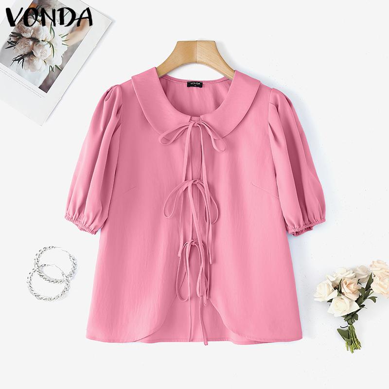 VONDA Women Summer Doll Collar Short Sleeve Bow Knot Splits Casual Cute Blouse