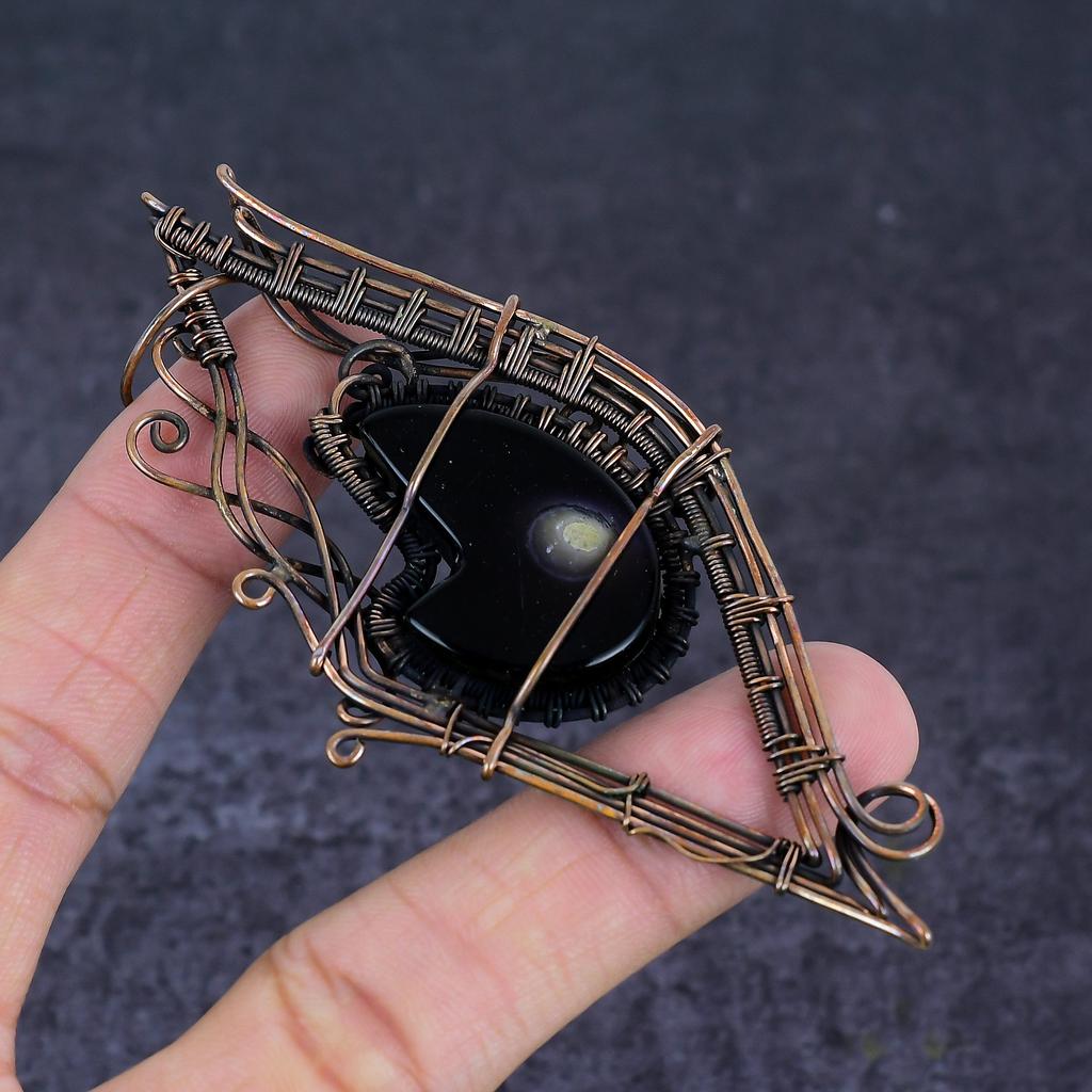 Black Onyx Shiva Shell Gemstone Handmade Copper Wire Wrap Pendant 4.22" Y2z64