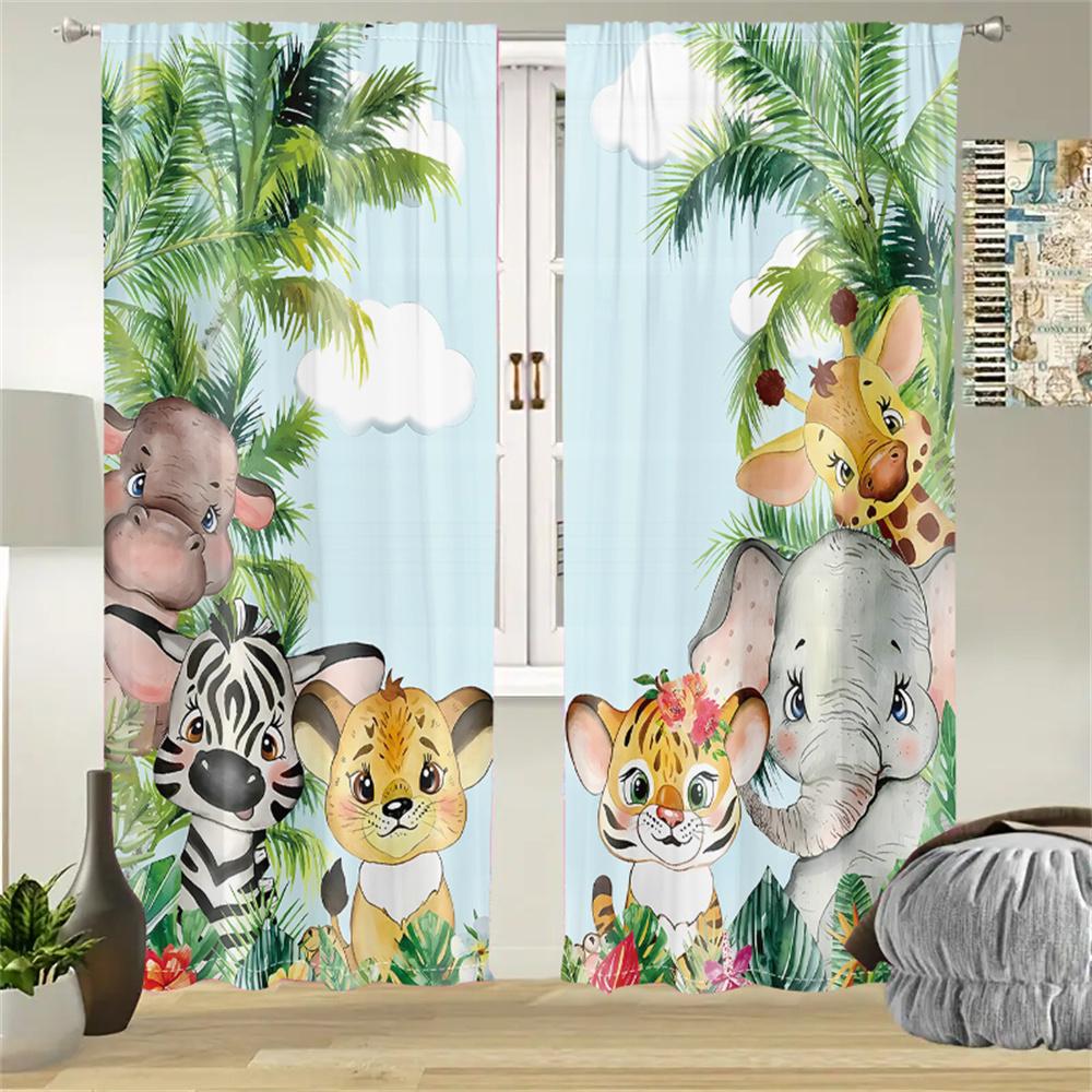 2Pcs Tropical Jungle Animals Curtains Cartoon Giraffe Zebra Elephant Living Room Bedroom Window Decor Curtains Kids Room Style