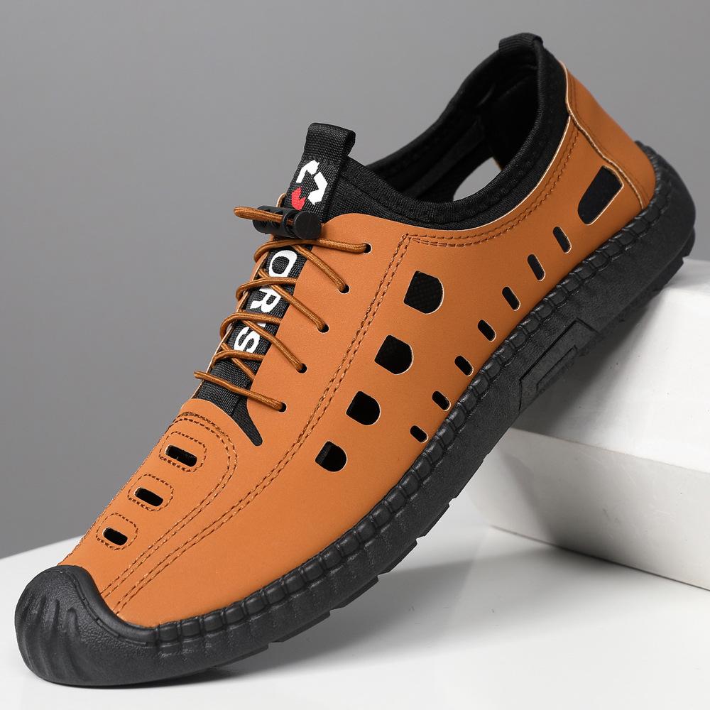 Herren Sandalen Sommer Strandschuhe Weiches Leder Schwarze Sohle Sportschuhe Atmungsaktiv Hohle Ein-Pedal Freizeit Lochschuhe