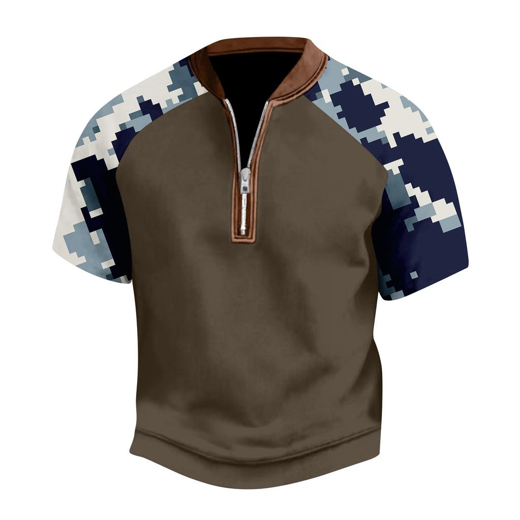 Pánské letní maskáčové ležérní tričko sportovní prodyšné s límcem na zip