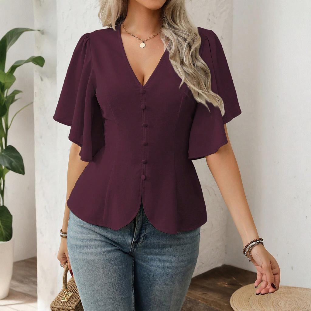 Women's Fashion Solid Color V Neck Single Breasted Waist Short Sleeved Top
