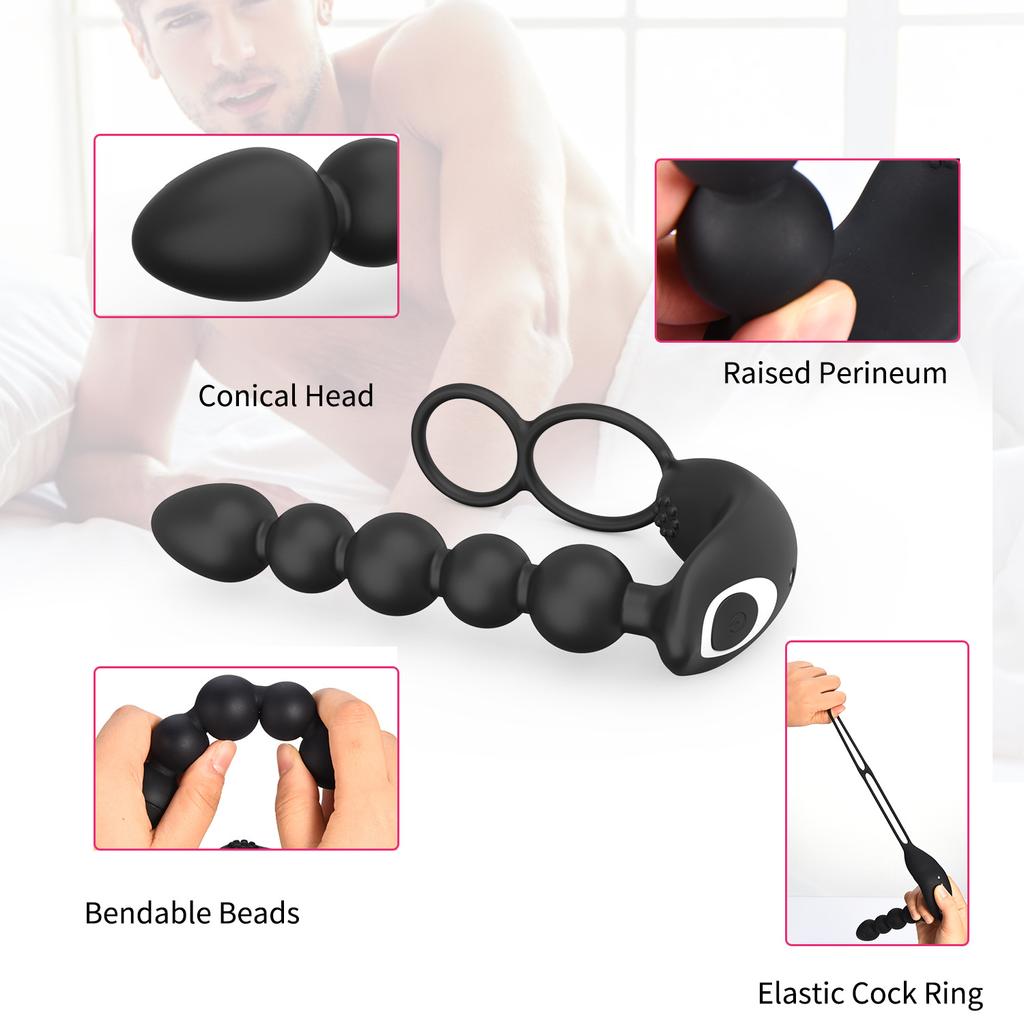 Anal Plug with Ring and Bead Rechargeable Vibrator Waterproof Prostate Massager, Ejaculation Enhancement Erection Longer, 3 Powerful Motors