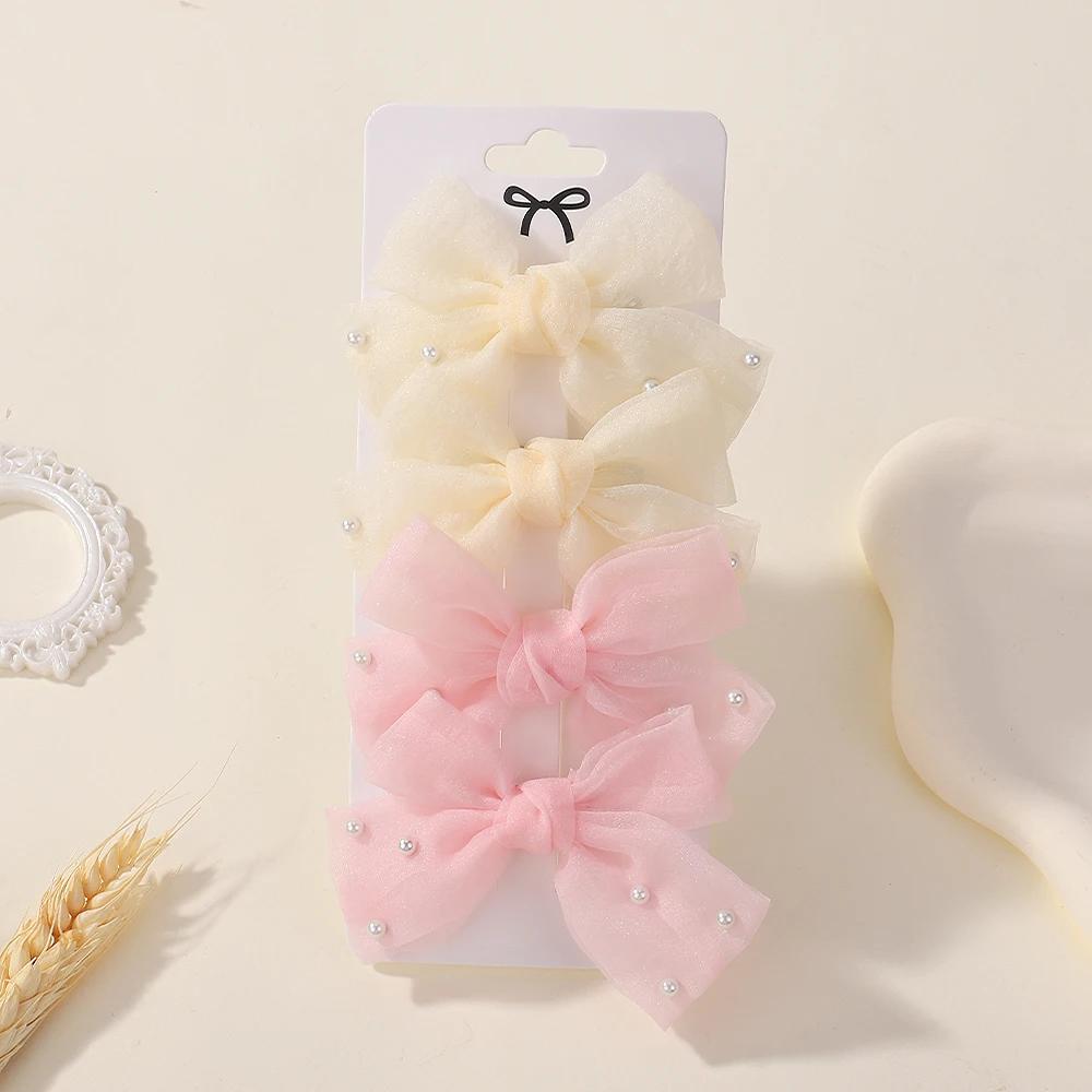 4Pcs/Set Sweet Pearl Bows Hair Clips for Girls Cute Side Clip Solid Color Hairpin Handmade with Bow Hair Accessories Headdress