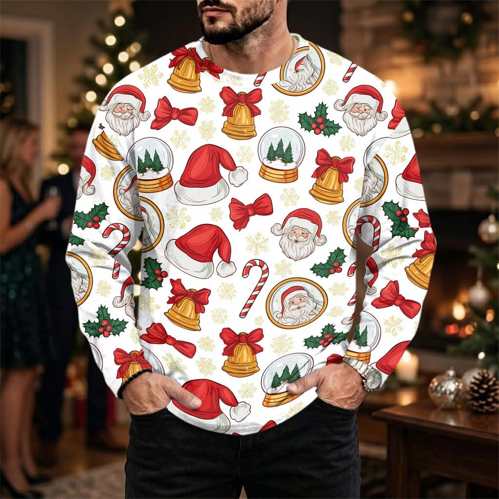 Men's Big Size Loose Fit Long Sleeve Neck T-Shirt with Christmas Print for Winter