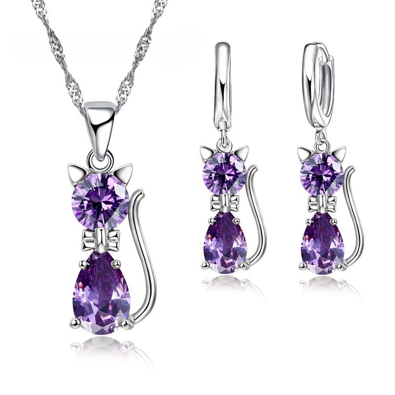 Fashion Crystal Pendant  Earing Jewelry Sets for Woman Girls Shining 4 Colors Crystal Cute Cat Pendant Necklace Earring Party Birthday Gifts