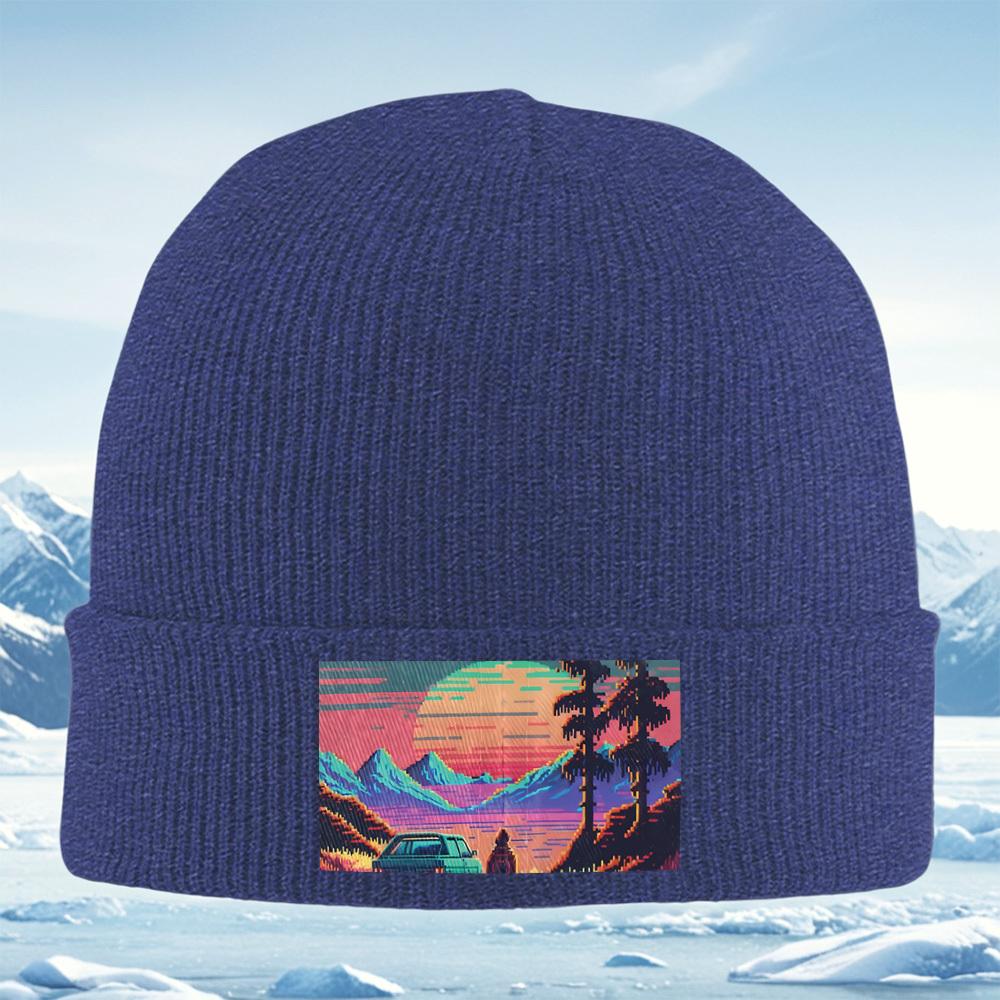Mountains sunset car silhouette person trees Men Women Unisex Knitted Hat Beanie Pullover Cap Winter Thermal Warm Christmas Outd