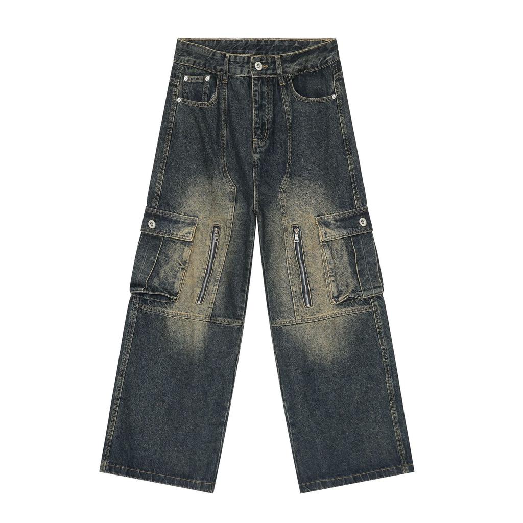 Long Trousers Versatile Washed Multi-pocket Design Sense of Work Jeans Men Senior Sense Pants