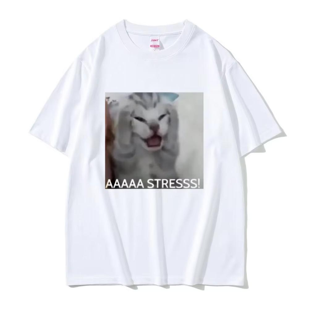 Cute Funny Stressed Cat Meme Tshirt Summer Men's Women Casual Loose Oversized T-shirts Male Cotton Short Sleeve Printed T Shirts