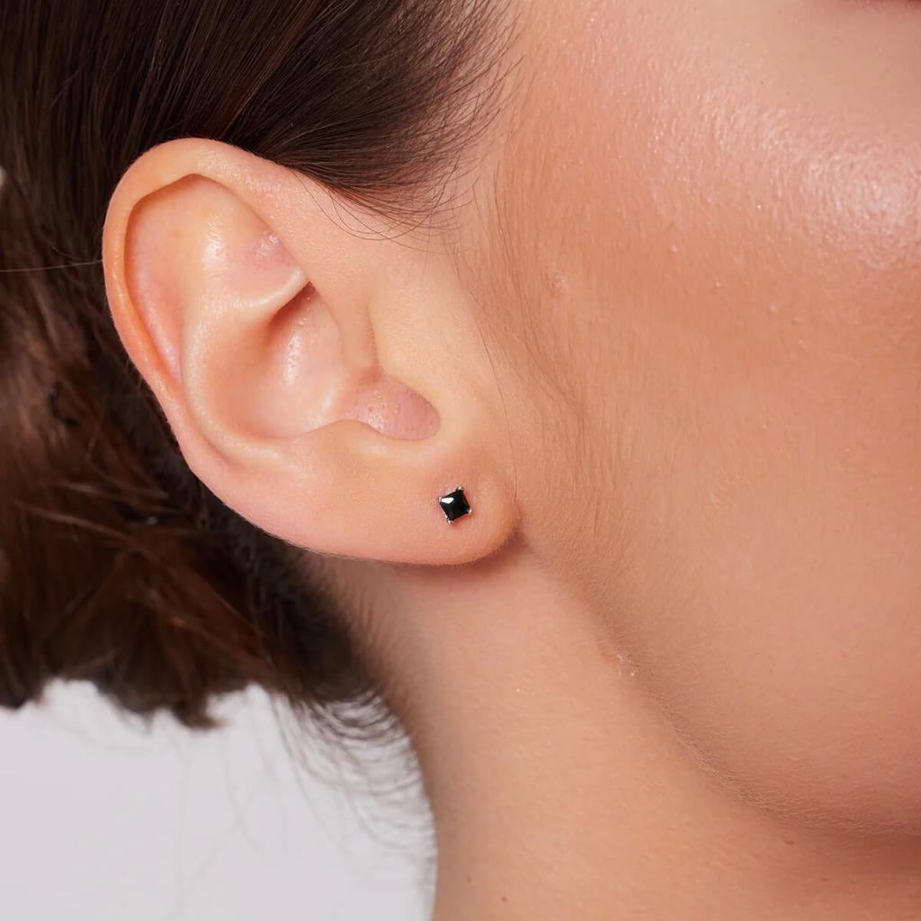 Silver Small Square Earrings with Black Cubic Zirconia