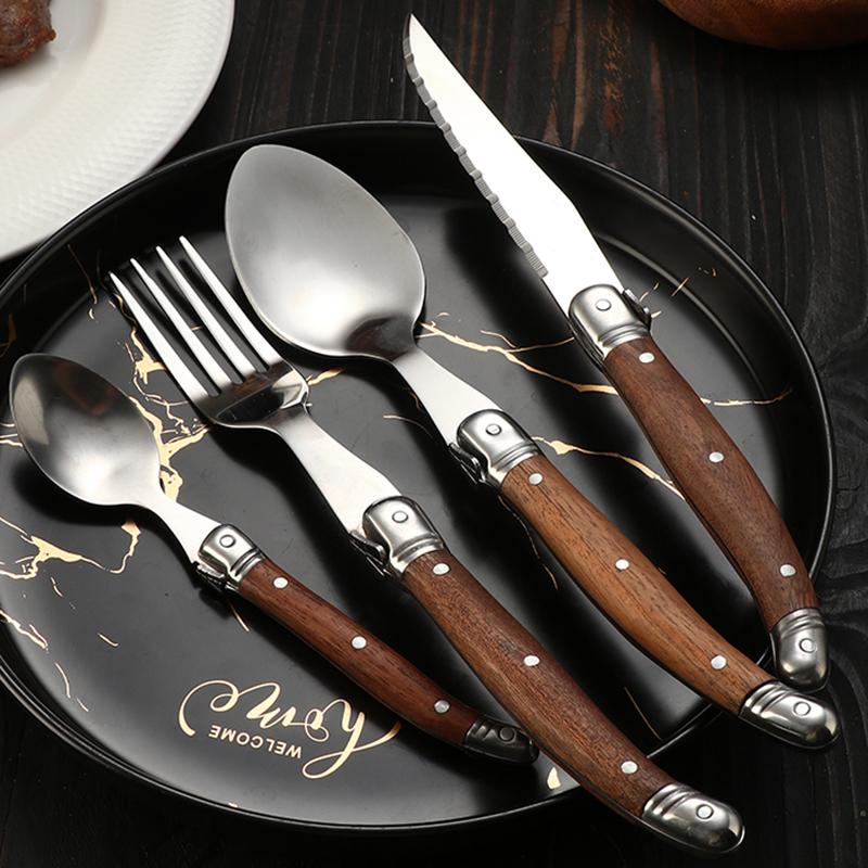 Wood Dinnerware,Stainless Steel Cutlery Set Steak Knife Fork Spoon Retro Flatware Luxury household tableware dinnerware set