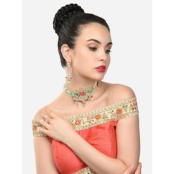 

Многоцветные камни и бусины, многорядное колье-колье Kundan из бисера, ожерелье, серьги и кольца, комплект для женщин