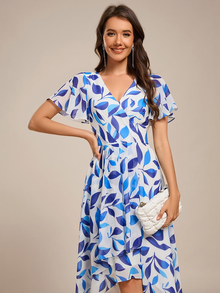 Ever-Pretty Women's Short Sleeve V-Neck Ruffled Floral Asymmetrical Midi Wedding Guest Dress