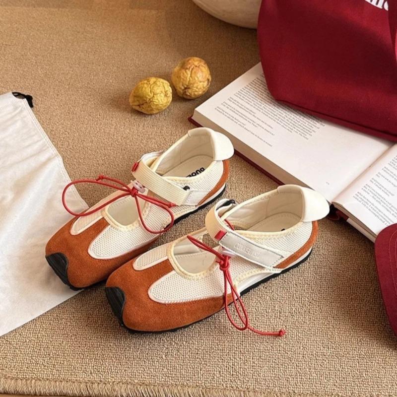 Fashion Ladies Casual Shoes Soft Leather Sports Mary Jane Shoes Women Square Toe Color Blocked Hollow Velcro Ballet Single Shoes