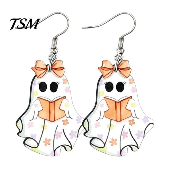 Hypoallergenic Alloy Hooks Cute Reading Ghost Earrings, Sweet Bowknot Drop Whimsical Earrings Lightweight Acrylic Halloween Jewelry for Women Girls