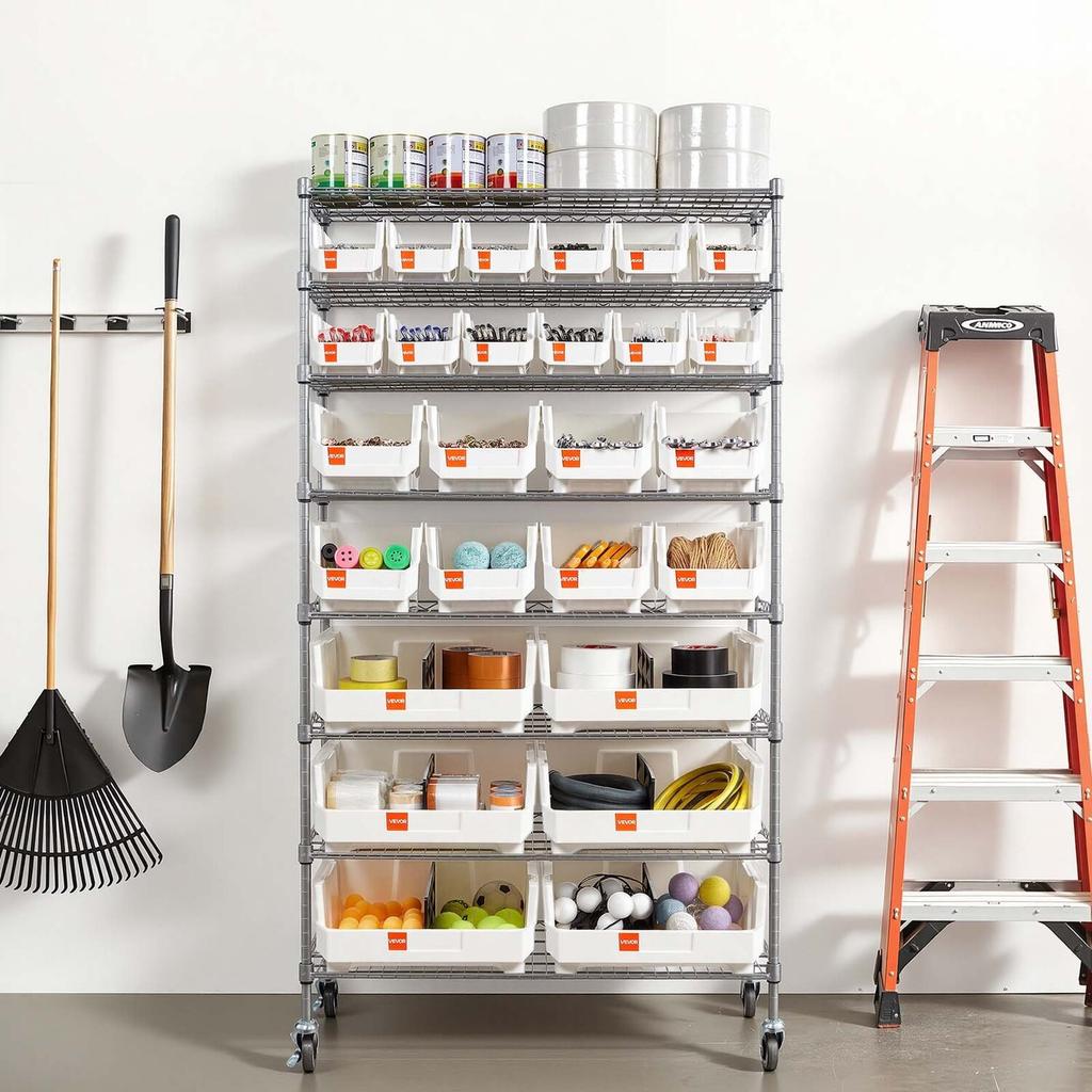 8-Tier Rolling Bin Storage Rack, 26 Organizer Bins, Bin Rack Storage Steel Wire Shelving System with Wheels, Mobile Tool Organizer for Garage,