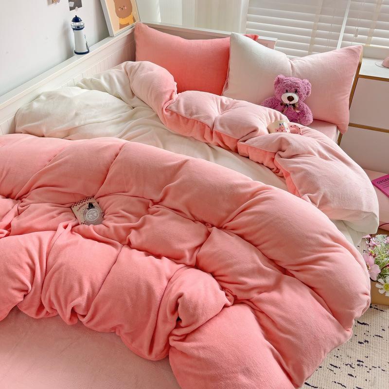 Thickened Milk Fleece Four-Piece Set, Milk Fleece Coral Fleece Bed Sheet Quilt Cover Double-Sided Flannel Bed Three-Piece Set