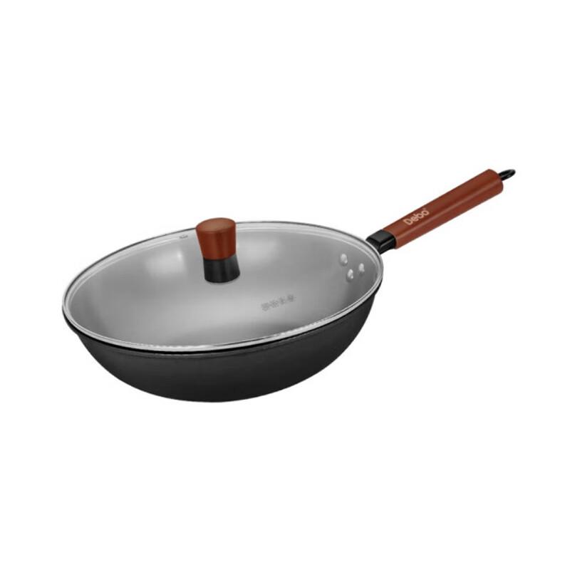Debo 32cm Iron Wok & Frying Pan with Wooden Handle and Glass Lid