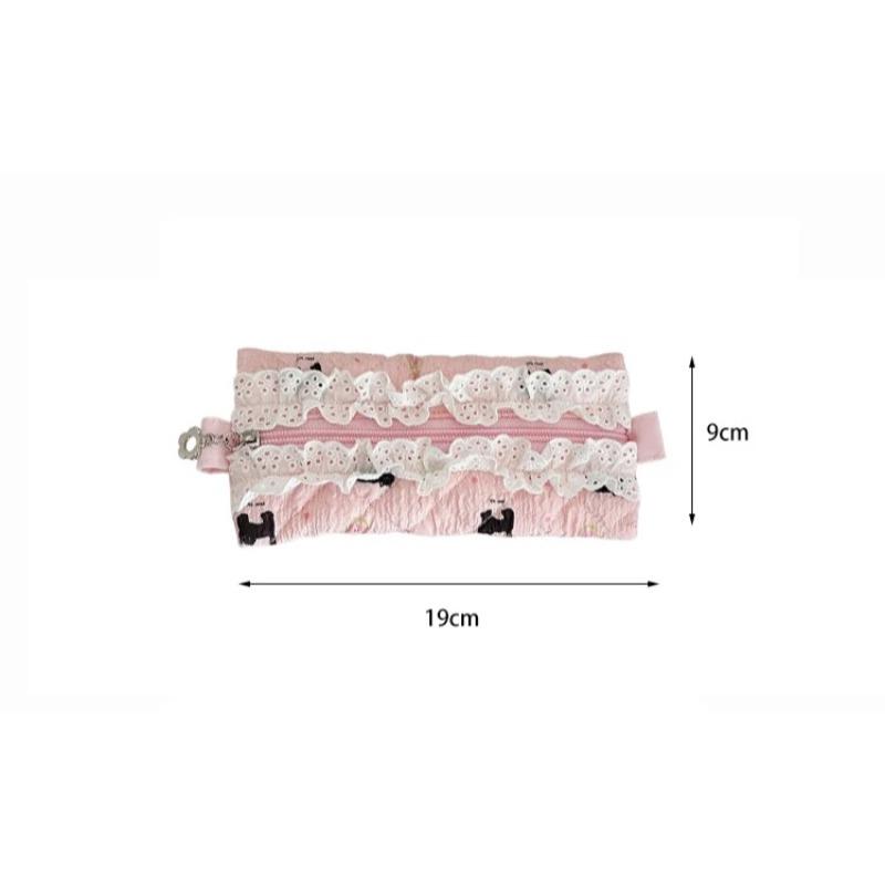 Cute Sweet Lace Ruffle Pencil Case for Girl Pink Color Cartoon Animal Pen Pouch Portable Creative Design Stationery Organizer