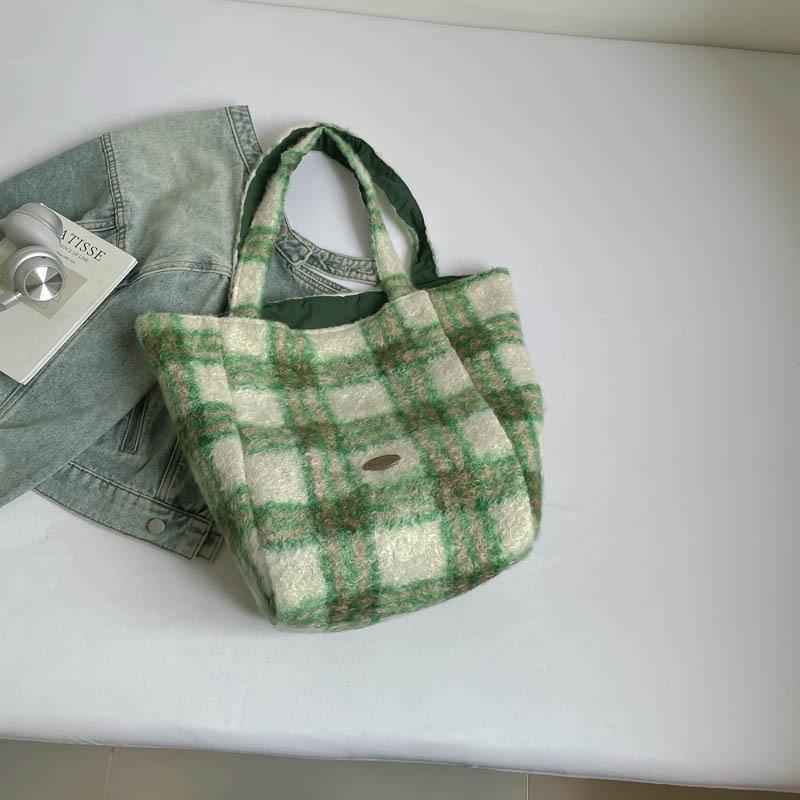 Striped Plush Bag Women's Autumn New Trendy Fashion College Style Tote Bag Casual Large-capacity Woolen Bag